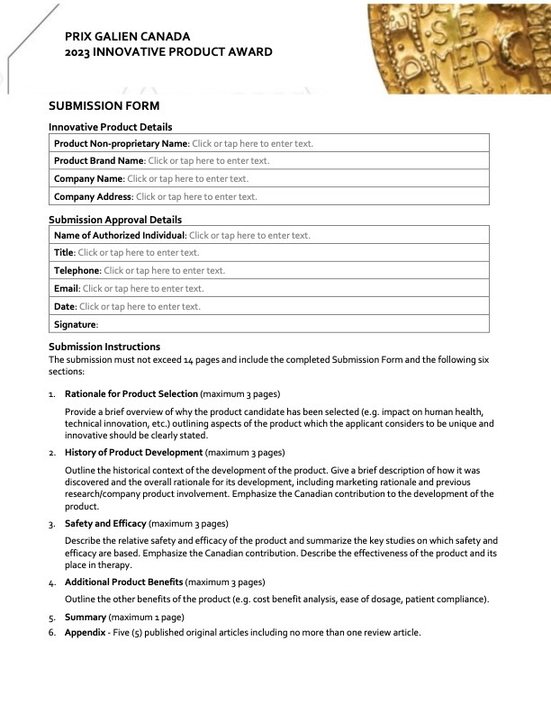 Thumbnail of the 2023 Prix Galien Canada Innovative Product Award Submission Form